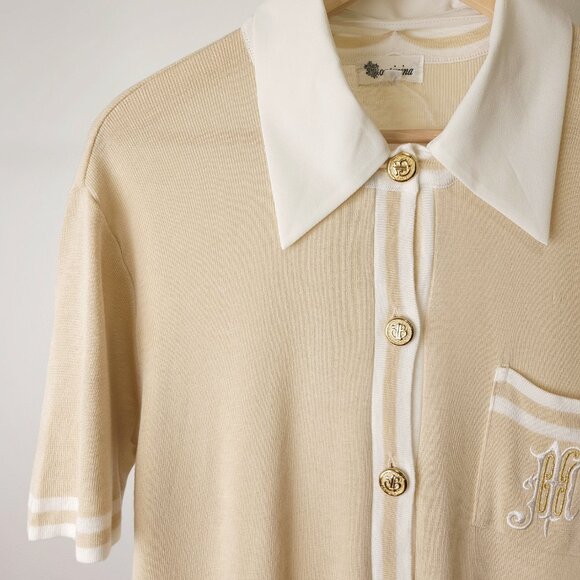 Vintage linen blend knit short set beige/ short sleeve knit cardigan two piece - Picture 7 of 12